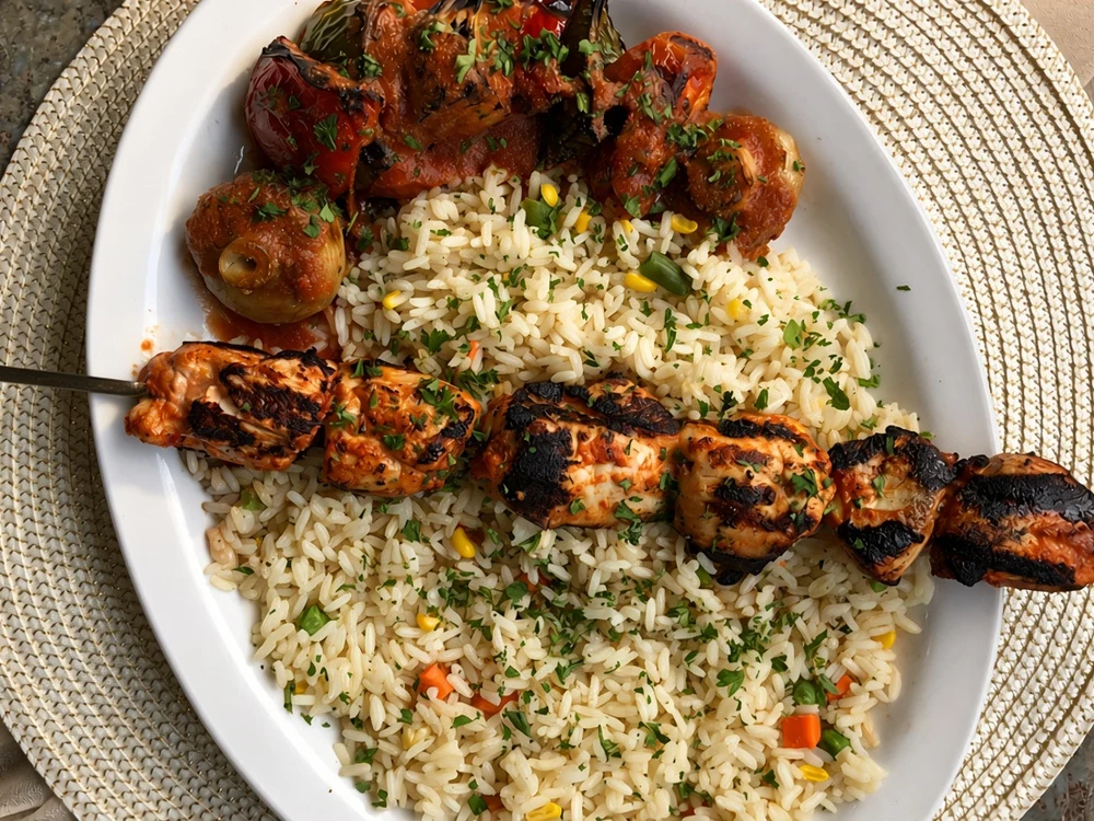Shish tawook dinner: char-broiled chicken skewer with rice at Golden Pita in Ancaster