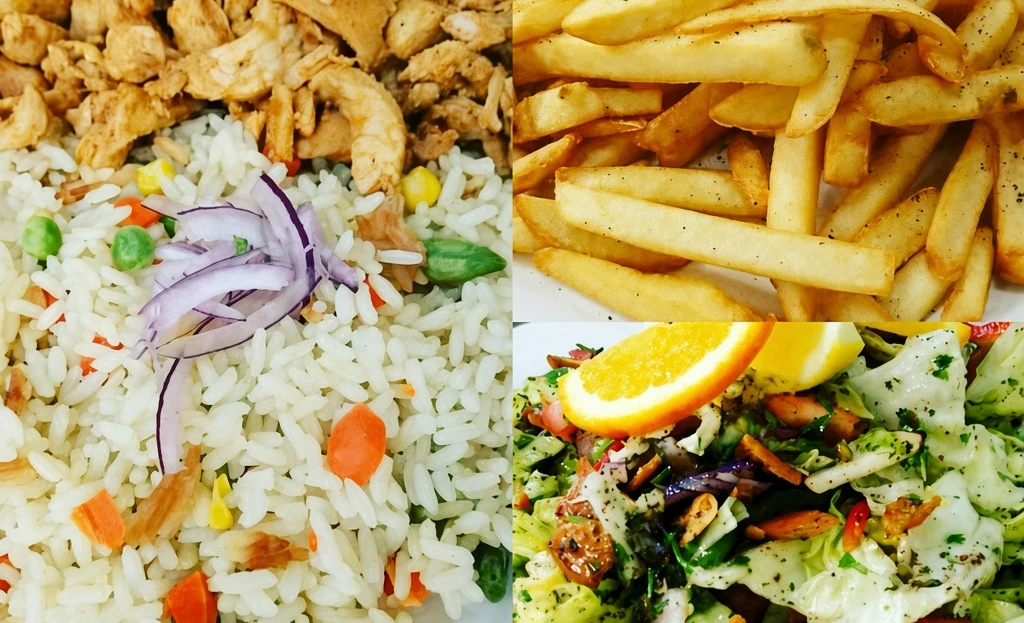 Shawarma, rice, fries and salad from Golden Pita at 1172 Wilson Street West, Ancaster, ON